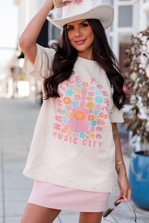 Short Sleeve Guitar Slogan Graphic Print Jersey Tee