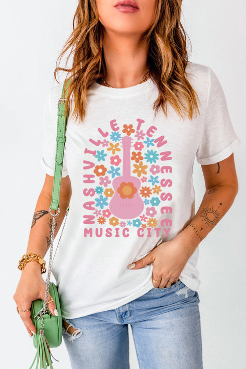 Short Sleeve Guitar Slogan Graphic Print Jersey Tee