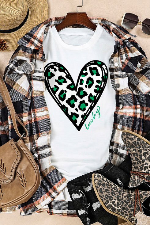Short Sleeve Leopard Print Heart Graphic Crew Neck Tee