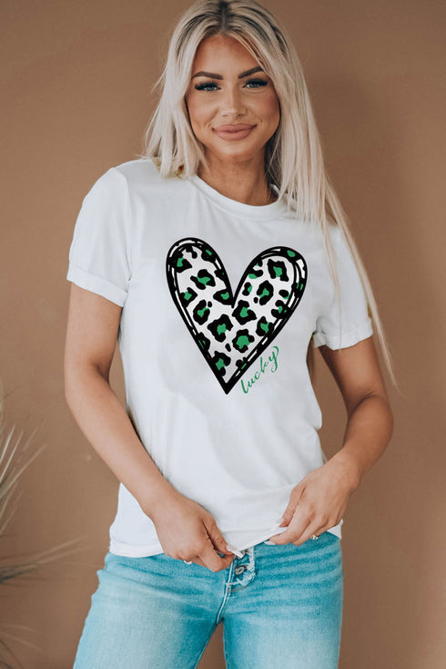 Short Sleeve Leopard Print Heart Graphic Crew Neck Tee
