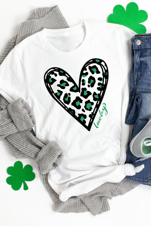 Short Sleeve Leopard Print Heart Graphic Crew Neck Tee