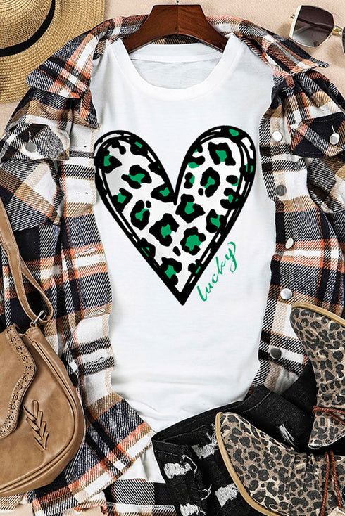 Short Sleeve Leopard Print Heart Graphic Crew Neck Tee