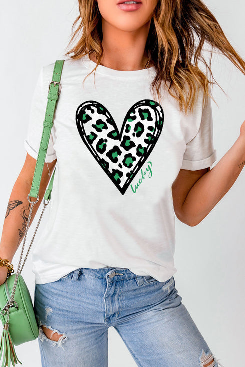 Short Sleeve Leopard Print Heart Graphic Crew Neck Tee