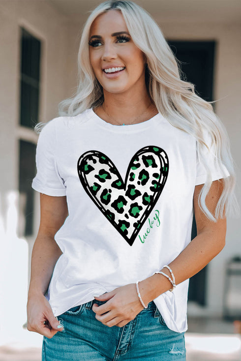 Short Sleeve Leopard Print Heart Graphic Crew Neck Tee