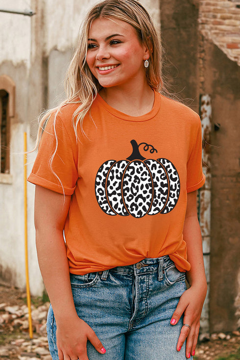 Short Sleeve Leopard Print Pumpkin Graphic Tee