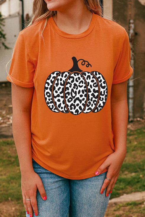 Short Sleeve Leopard Print Pumpkin Graphic Tee