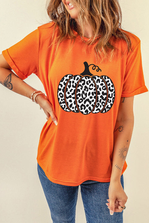 Short Sleeve Leopard Print Pumpkin Graphic Tee