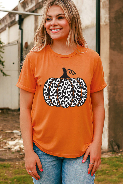 Short Sleeve Leopard Print Pumpkin Graphic Tee