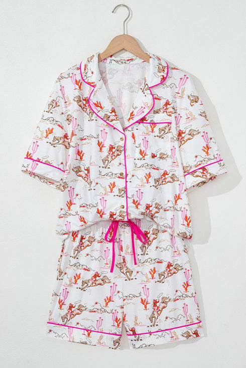 Short Sleeve Notch Lapel Western Graphic Pajama Set