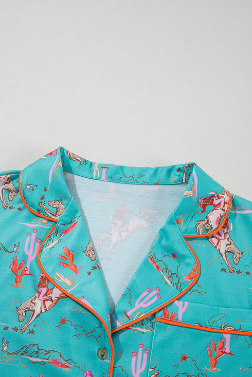 Short Sleeve Notch Lapel Western Graphic Pajama Set