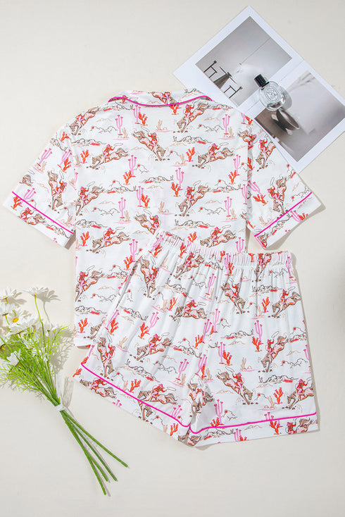Short Sleeve Notch Lapel Western Graphic Pajama Set