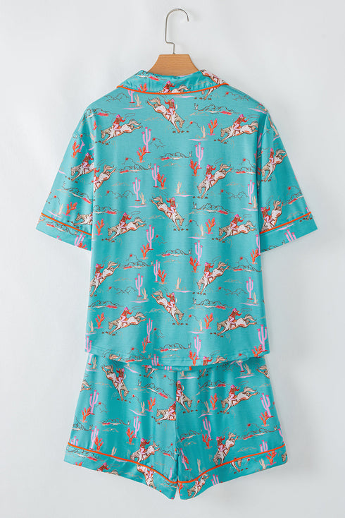 Short Sleeve Notch Lapel Western Graphic Pajama Set