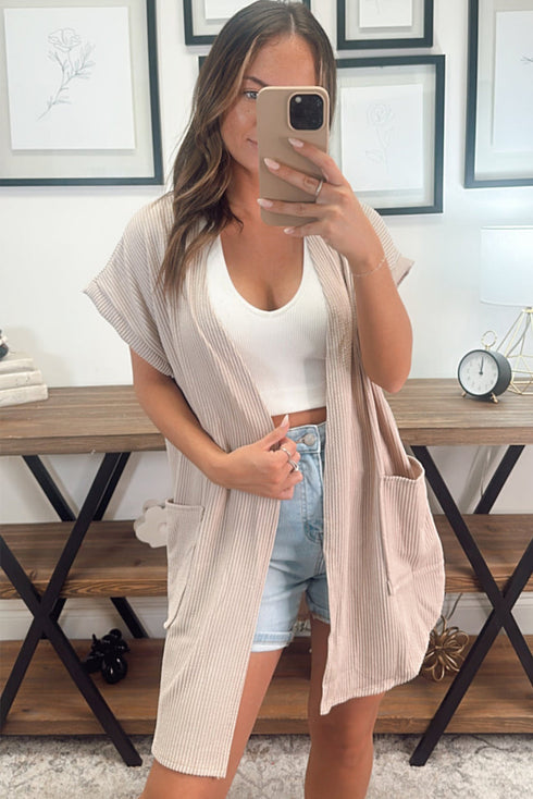 Short Sleeve Open Front Textured Ribbed Pocket Cardigan