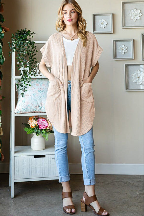 Short Sleeve Open Front Textured Ribbed Pocket Cardigan