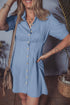 Short Sleeve Pleated Waist Button Front Denim Shirt Dress