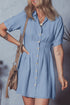 Short Sleeve Pleated Waist Button Front Denim Shirt Dress
