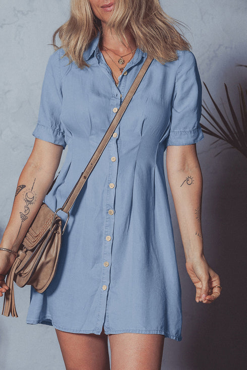 Short Sleeve Pleated Waist Button Front Denim Shirt Dress