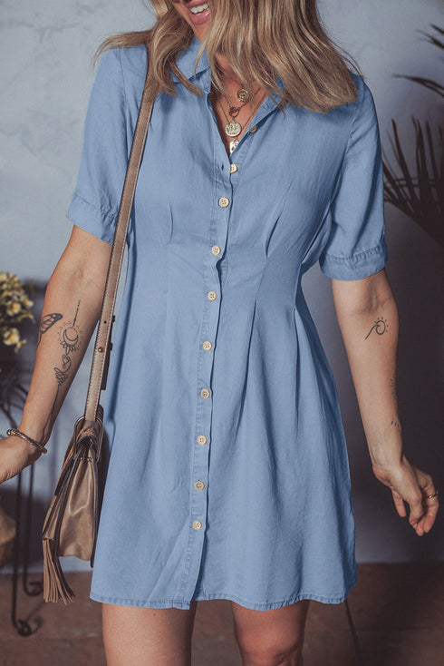 Short Sleeve Pleated Waist Button Front Denim Shirt Dress