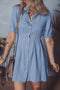 Short Sleeve Pleated Waist Button Front Denim Shirt Dress