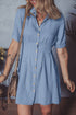 Short Sleeve Pleated Waist Button Front Denim Shirt Dress