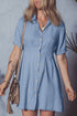 Short Sleeve Pleated Waist Button Front Denim Shirt Dress