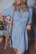 Short Sleeve Pleated Waist Button Front Denim Shirt Dress
