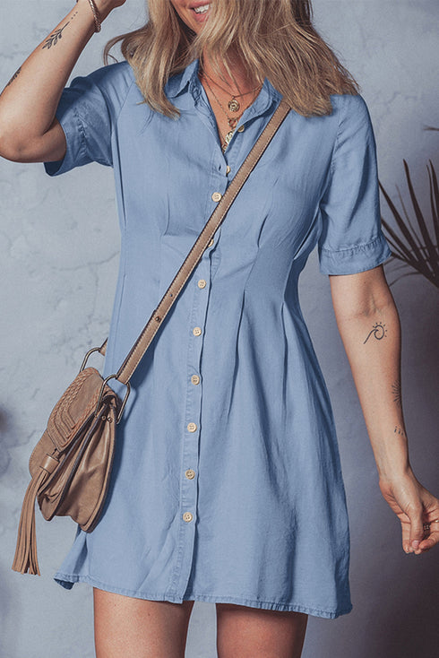 Short Sleeve Pleated Waist Button Front Denim Shirt Dress