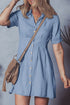 Short Sleeve Pleated Waist Button Front Denim Shirt Dress