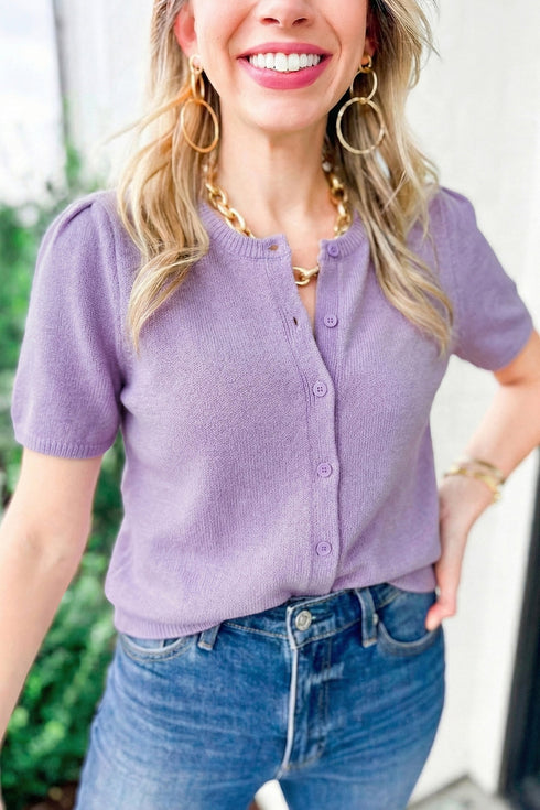 Short Sleeve Puff Shoulder Button Front Fine Knit Cardigan