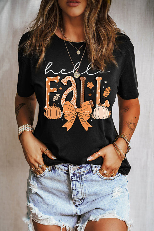 Short Sleeve Pumpkin And Bow Graphic Print Tee
