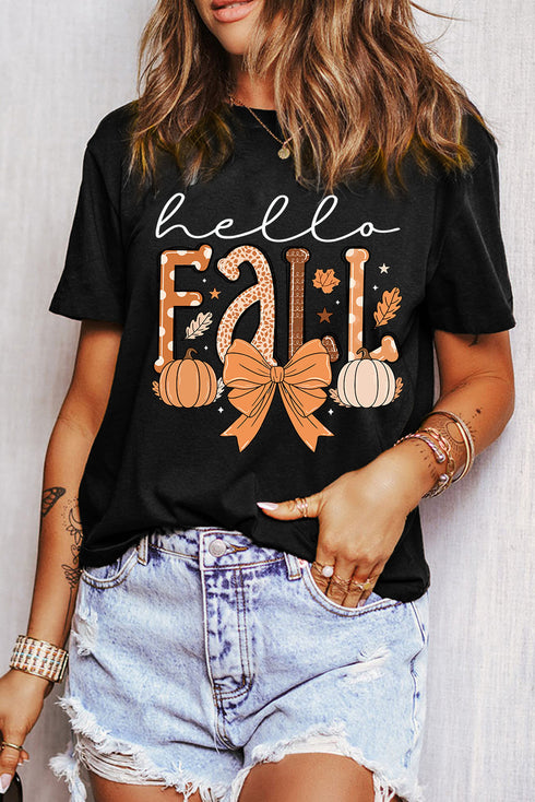 Short Sleeve Pumpkin And Bow Graphic Print Tee