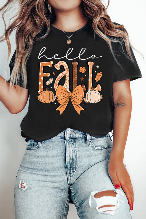 Short Sleeve Pumpkin And Bow Graphic Print Tee