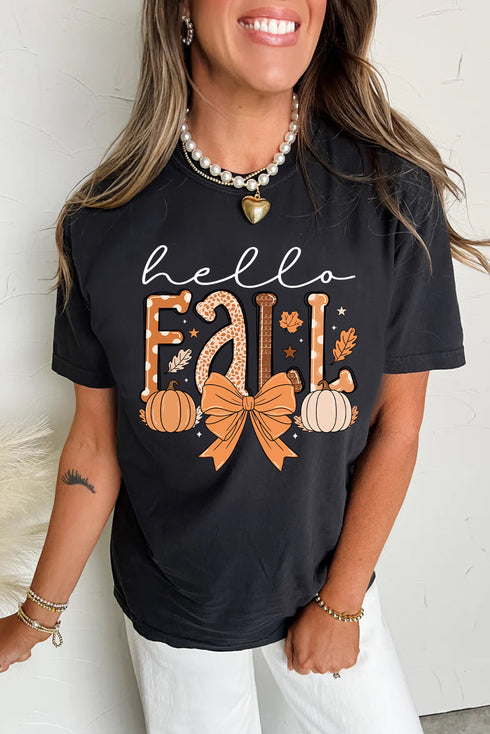 Short Sleeve Pumpkin And Bow Graphic Print Tee