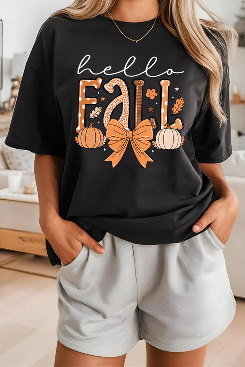 Short Sleeve Pumpkin And Bow Graphic Print Tee