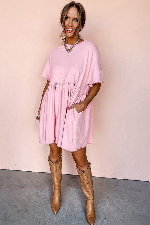 Short Sleeve Raw Edge Jersey Knit Babydoll Dress