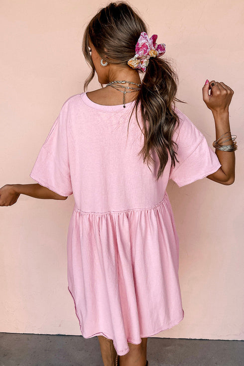 Short Sleeve Raw Edge Jersey Knit Babydoll Dress
