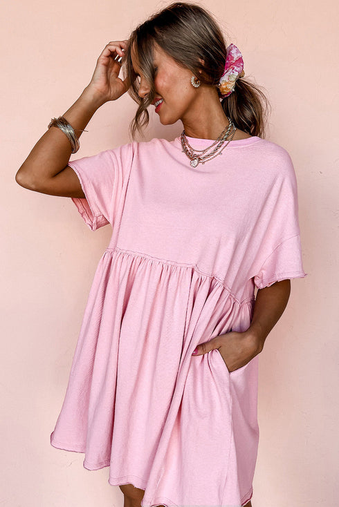 Short Sleeve Raw Edge Jersey Knit Babydoll Dress