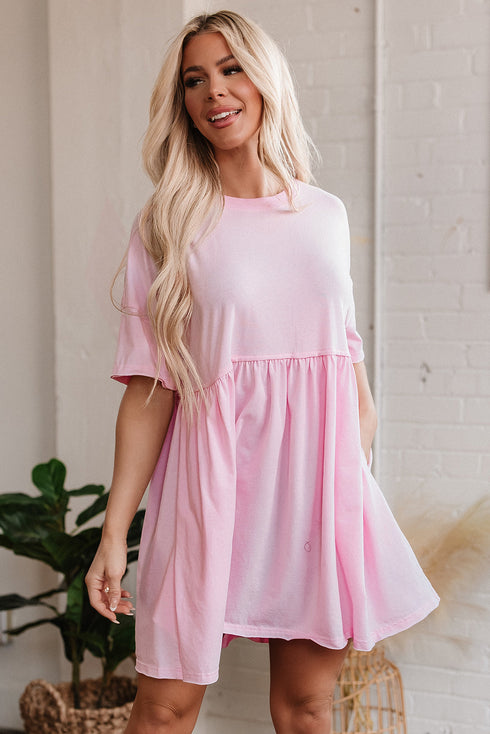 Short Sleeve Raw Edge Jersey Knit Babydoll Dress