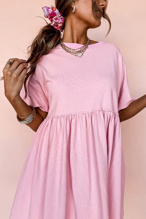 Short Sleeve Raw Edge Jersey Knit Babydoll Dress