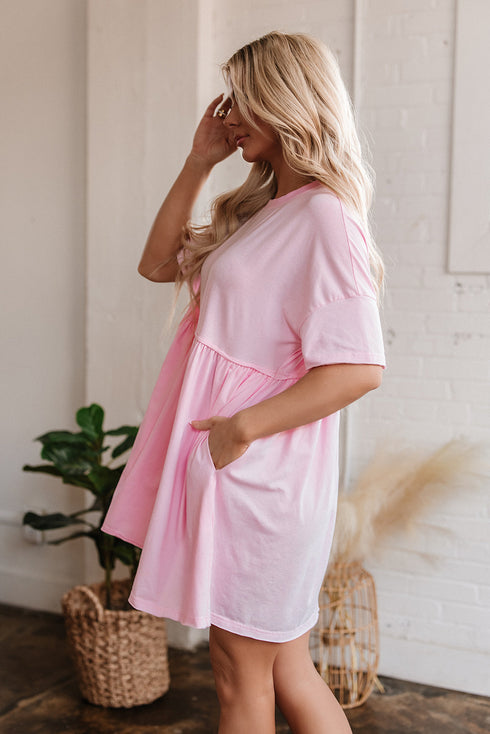 Short Sleeve Raw Edge Jersey Knit Babydoll Dress