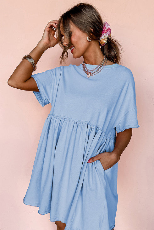 Short Sleeve Raw Edge Jersey Knit Babydoll Dress