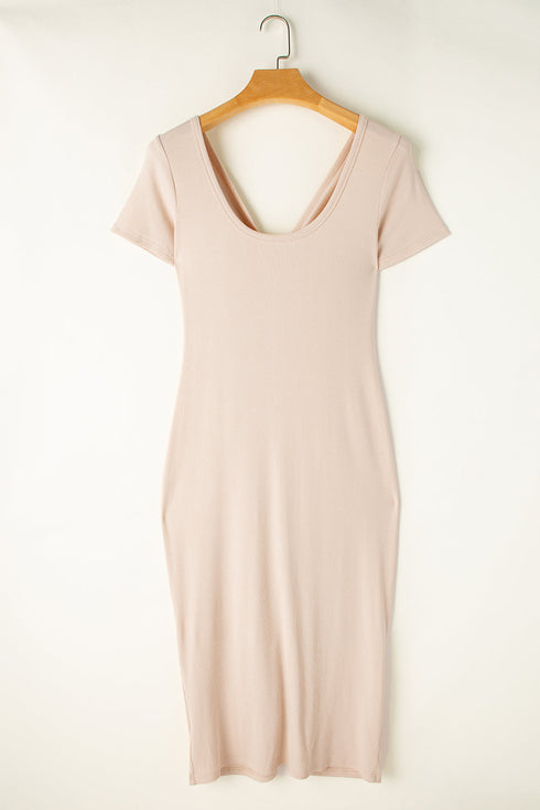 Short Sleeve Ribbed Button Front Ruched Maxi Dress