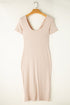 Short Sleeve Ribbed Button Front Ruched Maxi Dress