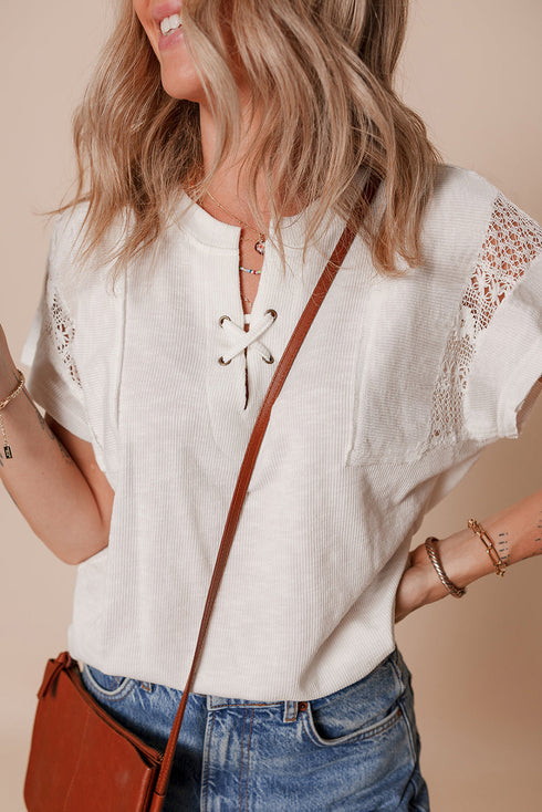 Short Sleeve Ribbed Texture Lace Patchwork V Neck Top
