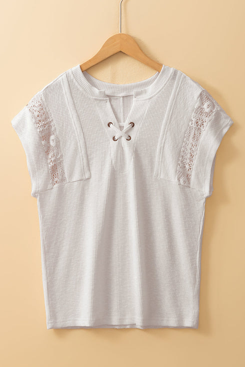 Short Sleeve Ribbed Texture Lace Patchwork V Neck Top