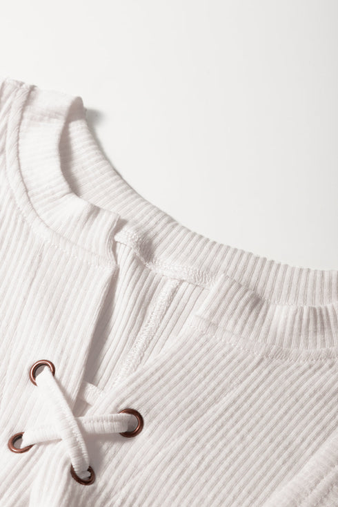 Short Sleeve Ribbed Texture Lace Patchwork V Neck Top