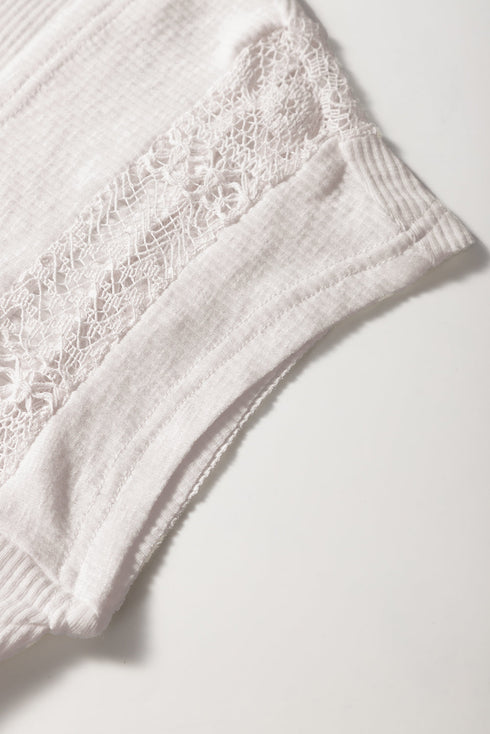 Short Sleeve Ribbed Texture Lace Patchwork V Neck Top