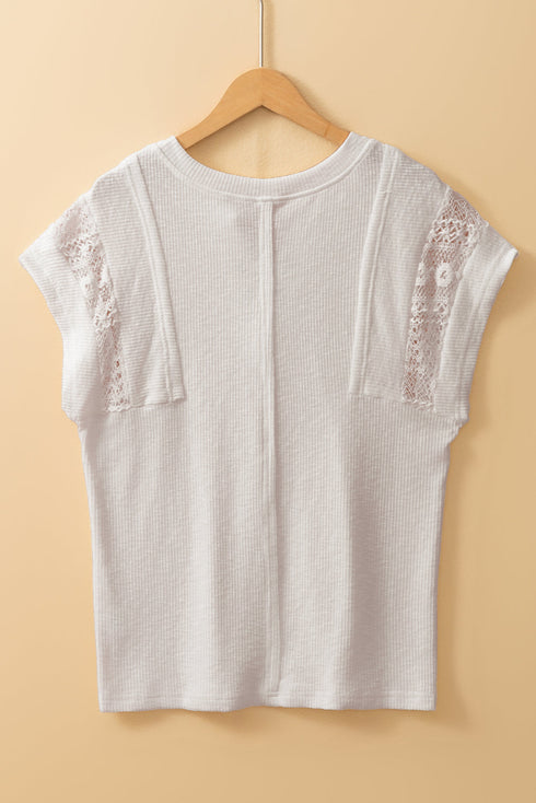 Short Sleeve Ribbed Texture Lace Patchwork V Neck Top