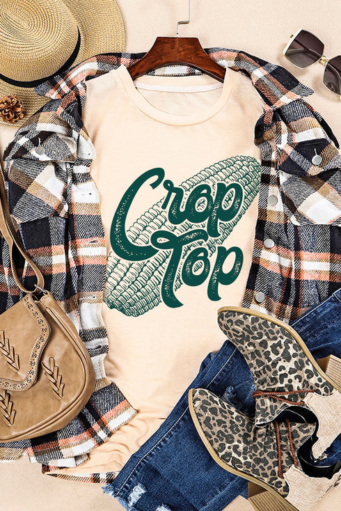 Short Sleeve Round Neck Graphic Print Crop Tee