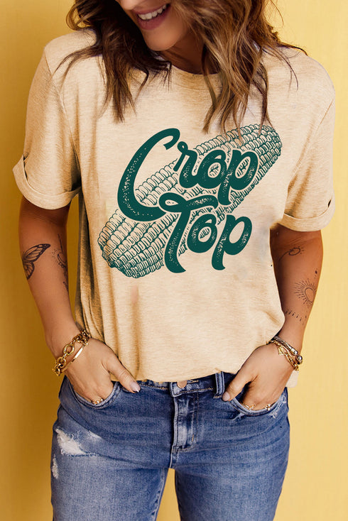 Short Sleeve Round Neck Graphic Print Crop Tee